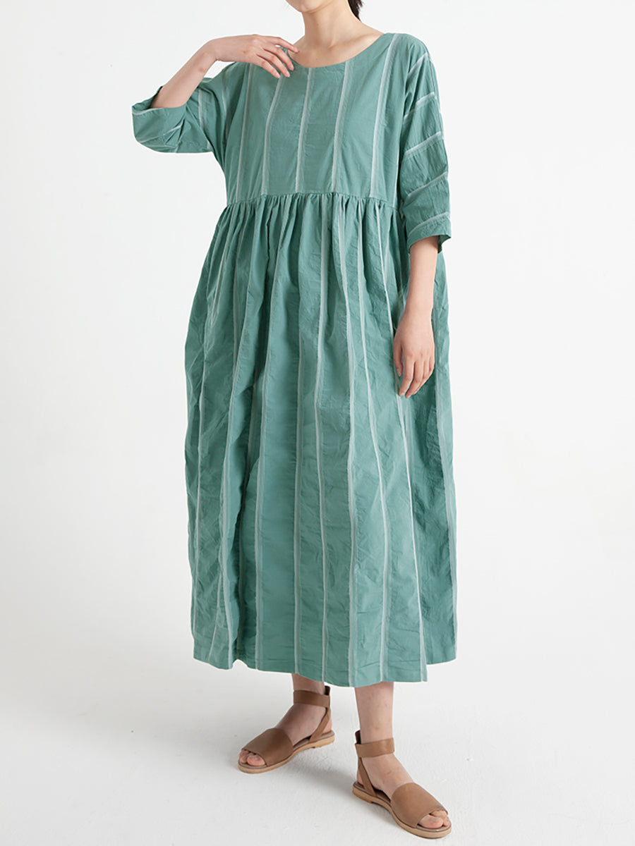 Plus Size Cotton Casual Summer Three-Quarter Sleeve Loose Pleated Dress