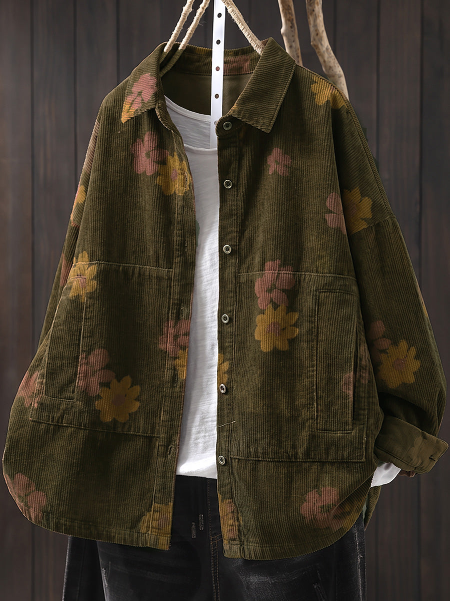 Plus Size Women Autumn Vintage Turn-down Collar Corduroy Shirt Coat