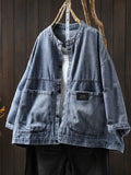 Plus Size Women Summer Retro Pure Color Stand Collar Denim Coat