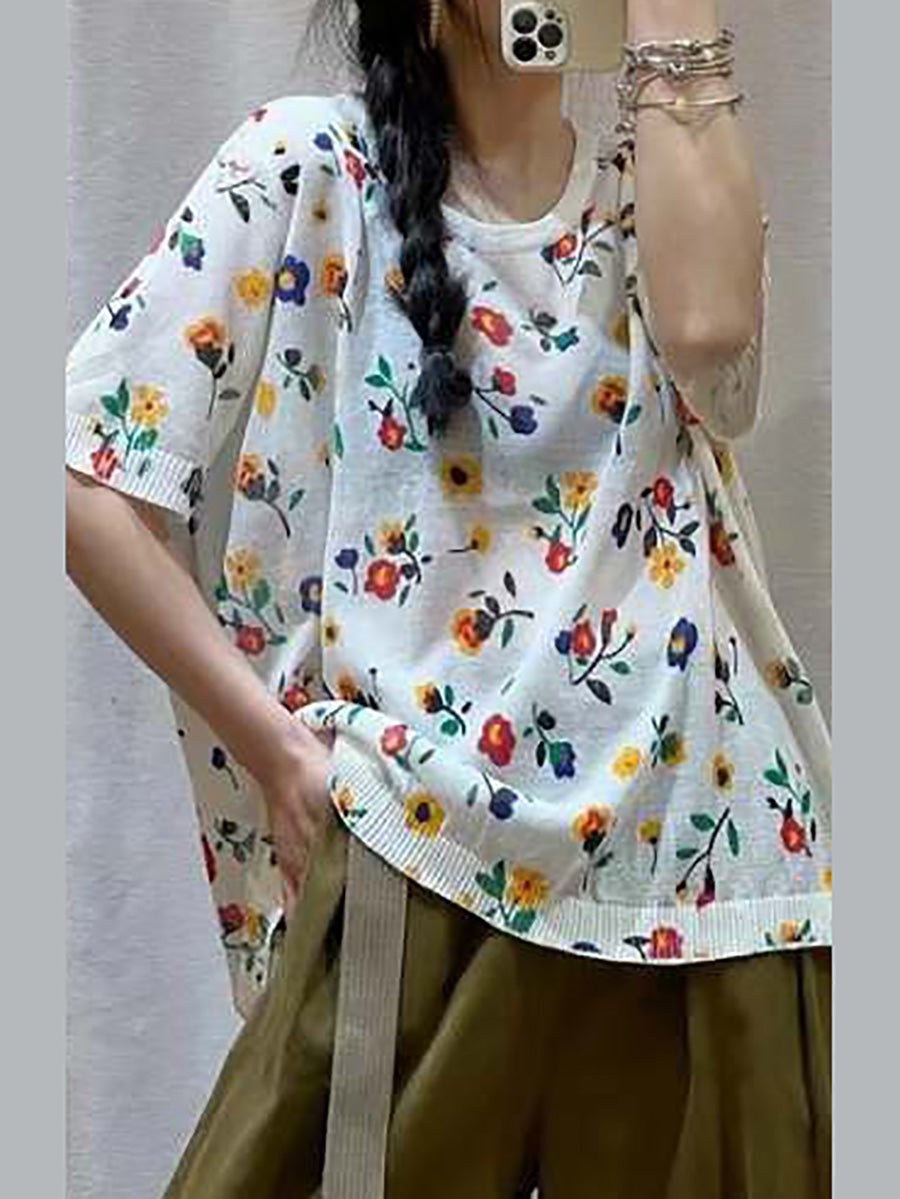 Women Casual Flower Summer Loose Pullover T-Shirt