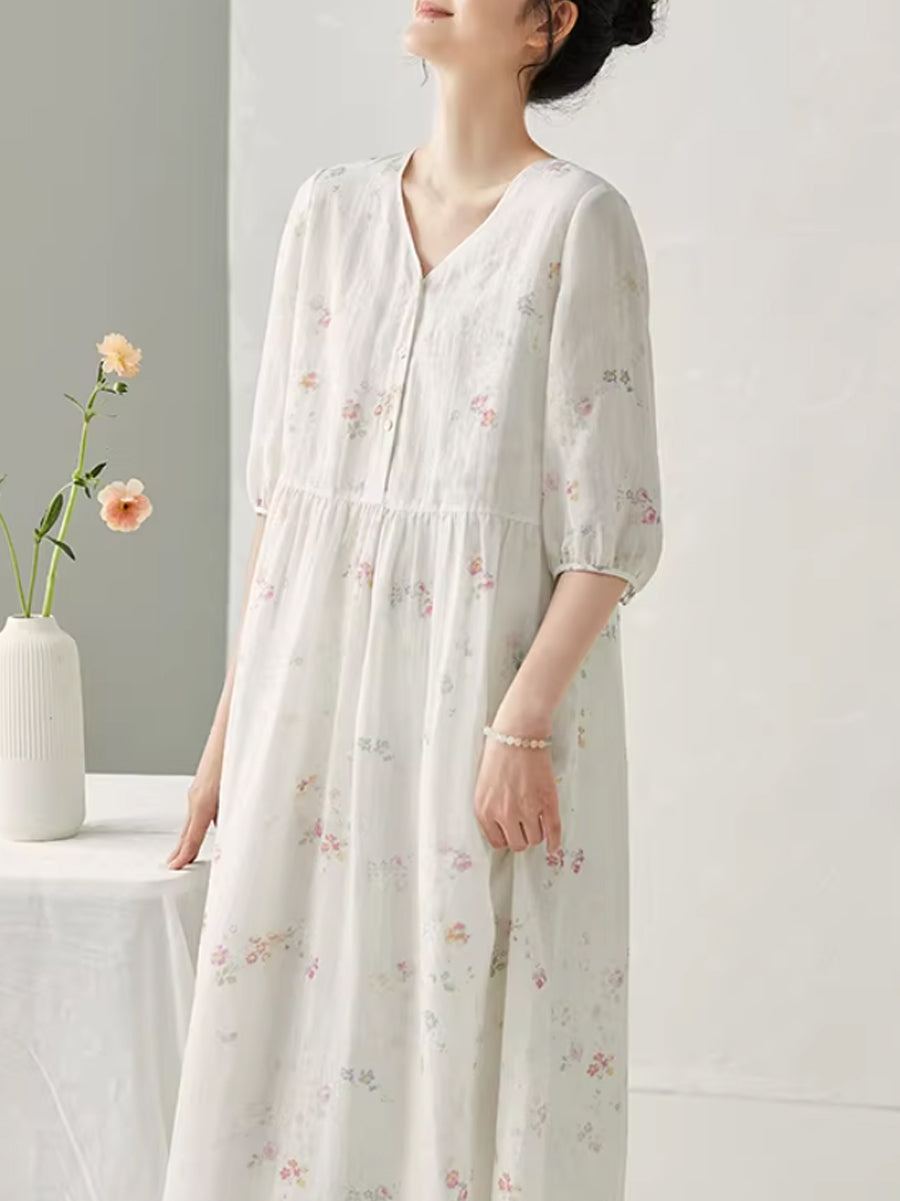 Plus Size Women Summer Artsy Floral Ramie V-Neck Dress