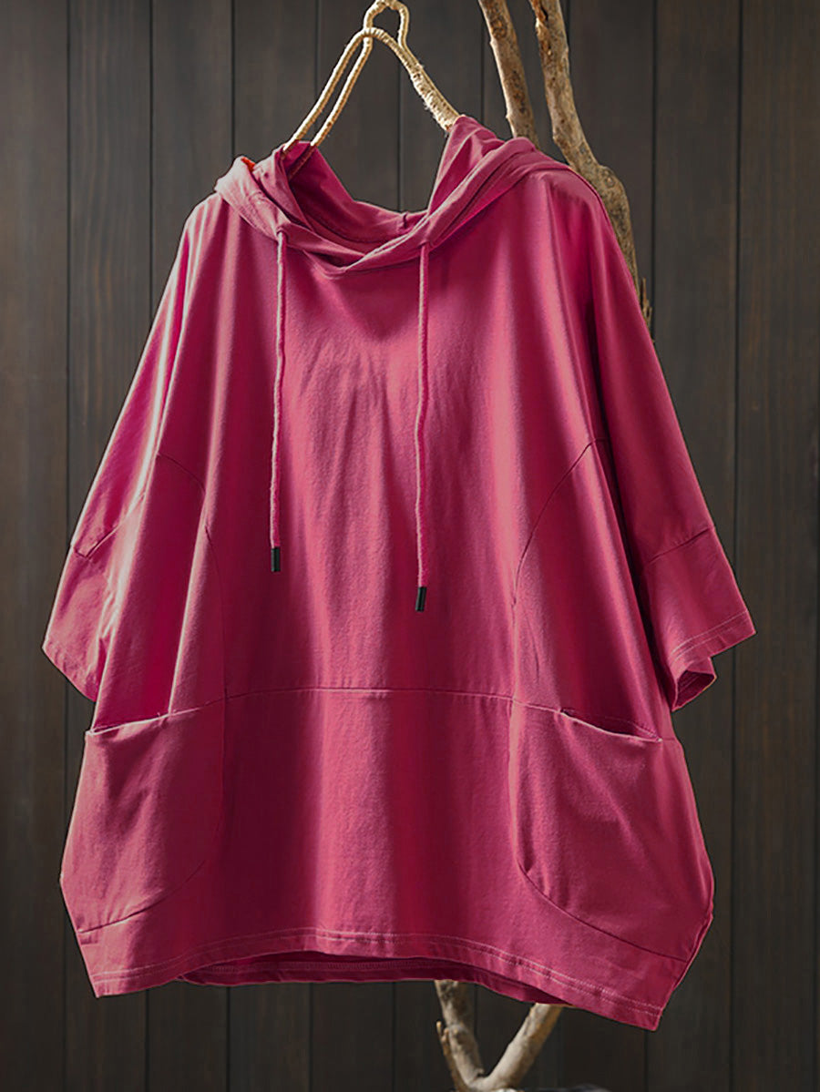 Plus Size Women Summer Casual Pure Color Hooded Cotton Hoodie