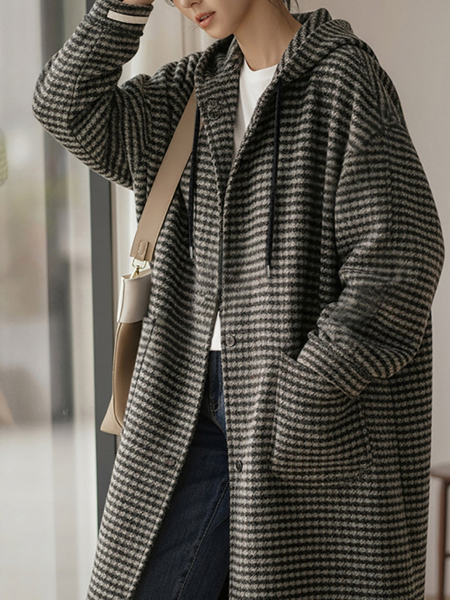 Plus Size Women Vintage Winter Stripe Hooded Coat