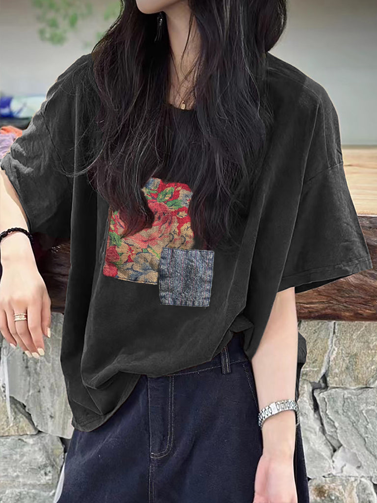 Plus Size Women Summer Patch Spliced 100%Cotton T-Shirt