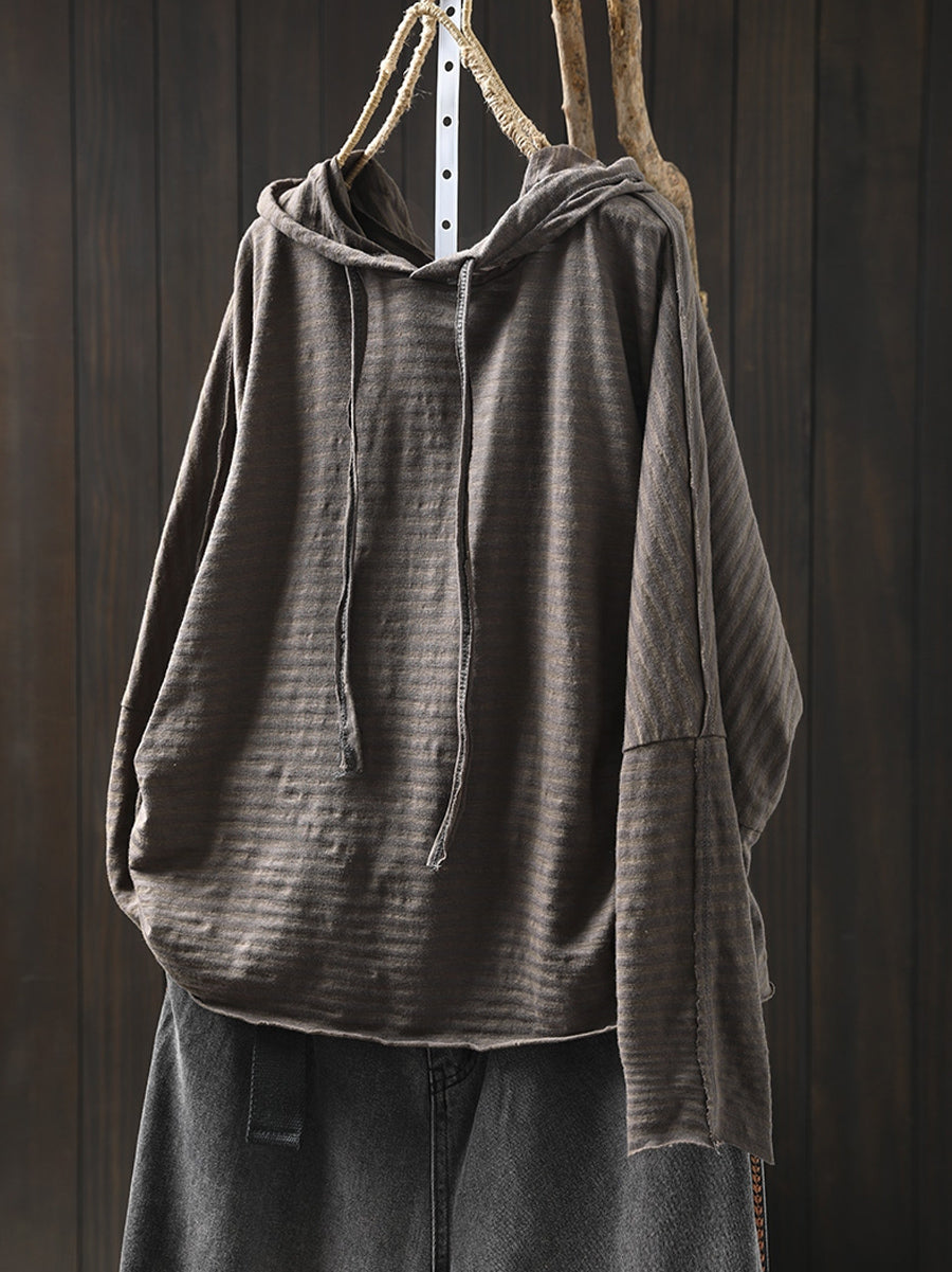 Plus Size Women Autumn Artsy Stripe Cotton Hooded Hoodie