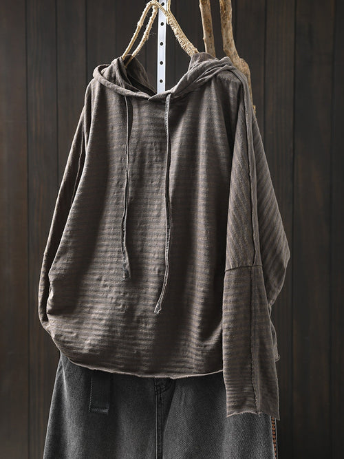 Plus Size Women Autumn Artsy Stripe Cotton Hooded Hoodie