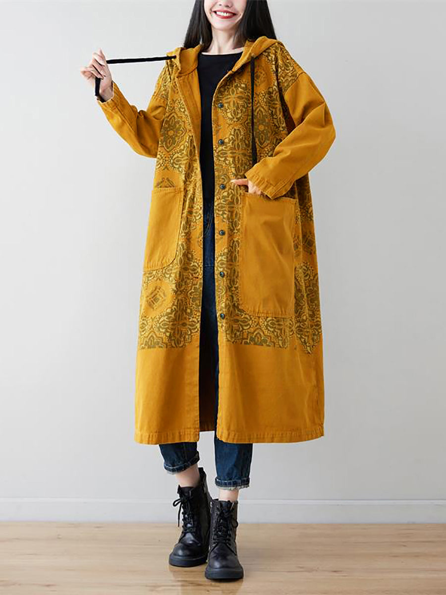 Plus Size Women Artsy Flower Spliced Long Denim Hooded Coat