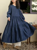 Plus Size Women Spring Pure Color O-Neck Denim Dress