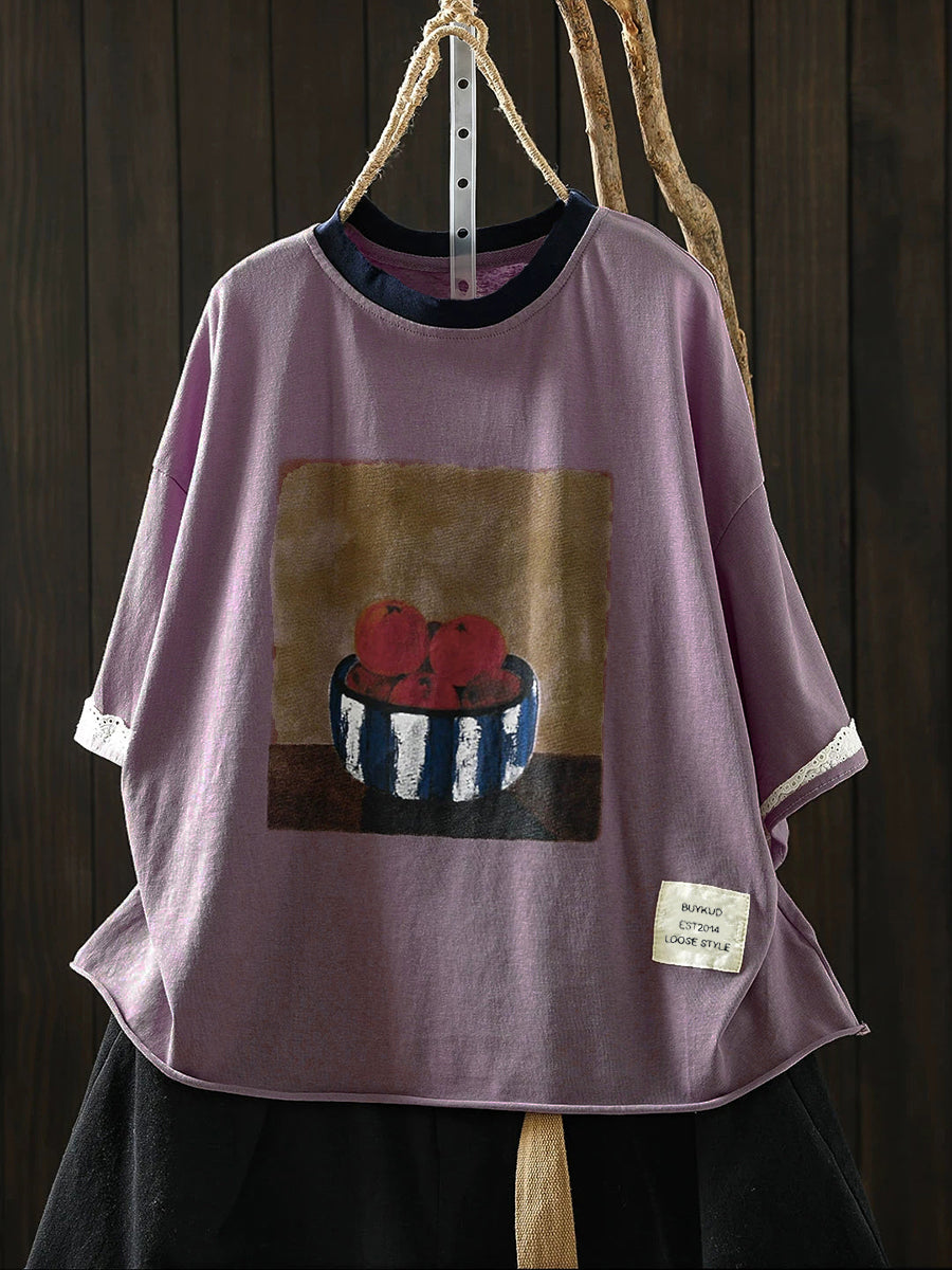Plus Size Women Summer Casual Print O-Neck Cotton T-Shirt