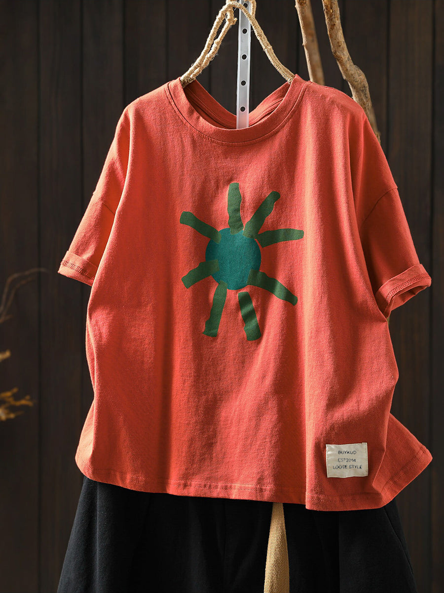 Plus Size Artsy Print 100%Cotton Loose T-Shirt