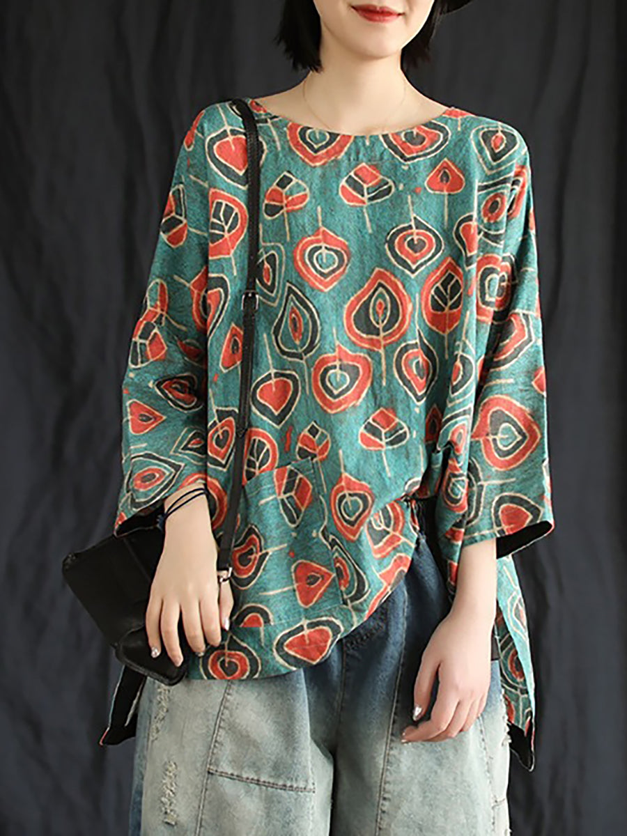 Plus Size Buykud Casual Floral Ramie Tencel T-Shirt