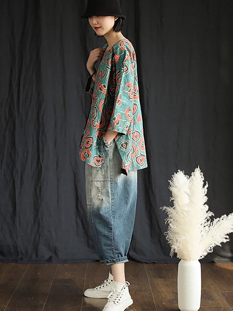 Plus Size Buykud Casual Floral Ramie Tencel T-Shirt