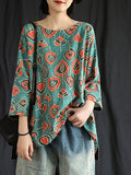 Plus Size Buykud Casual Floral Ramie Tencel T-Shirt