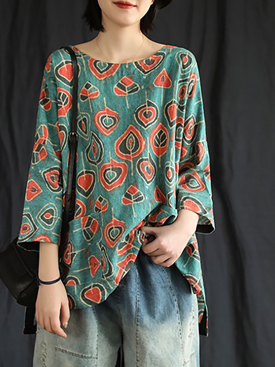 Plus Size Buykud Casual Floral Ramie Tencel T-Shirt