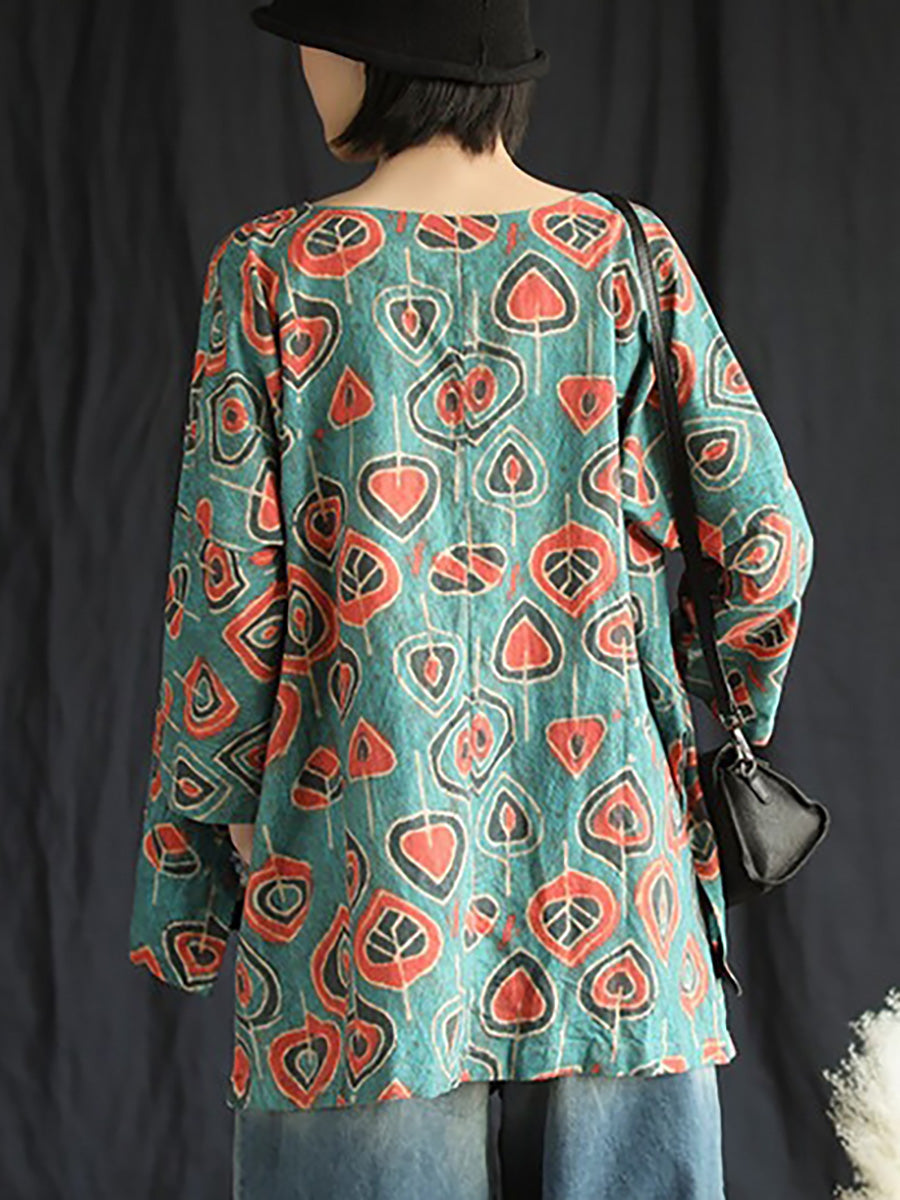 Plus Size Buykud Casual Floral Ramie Tencel T-Shirt
