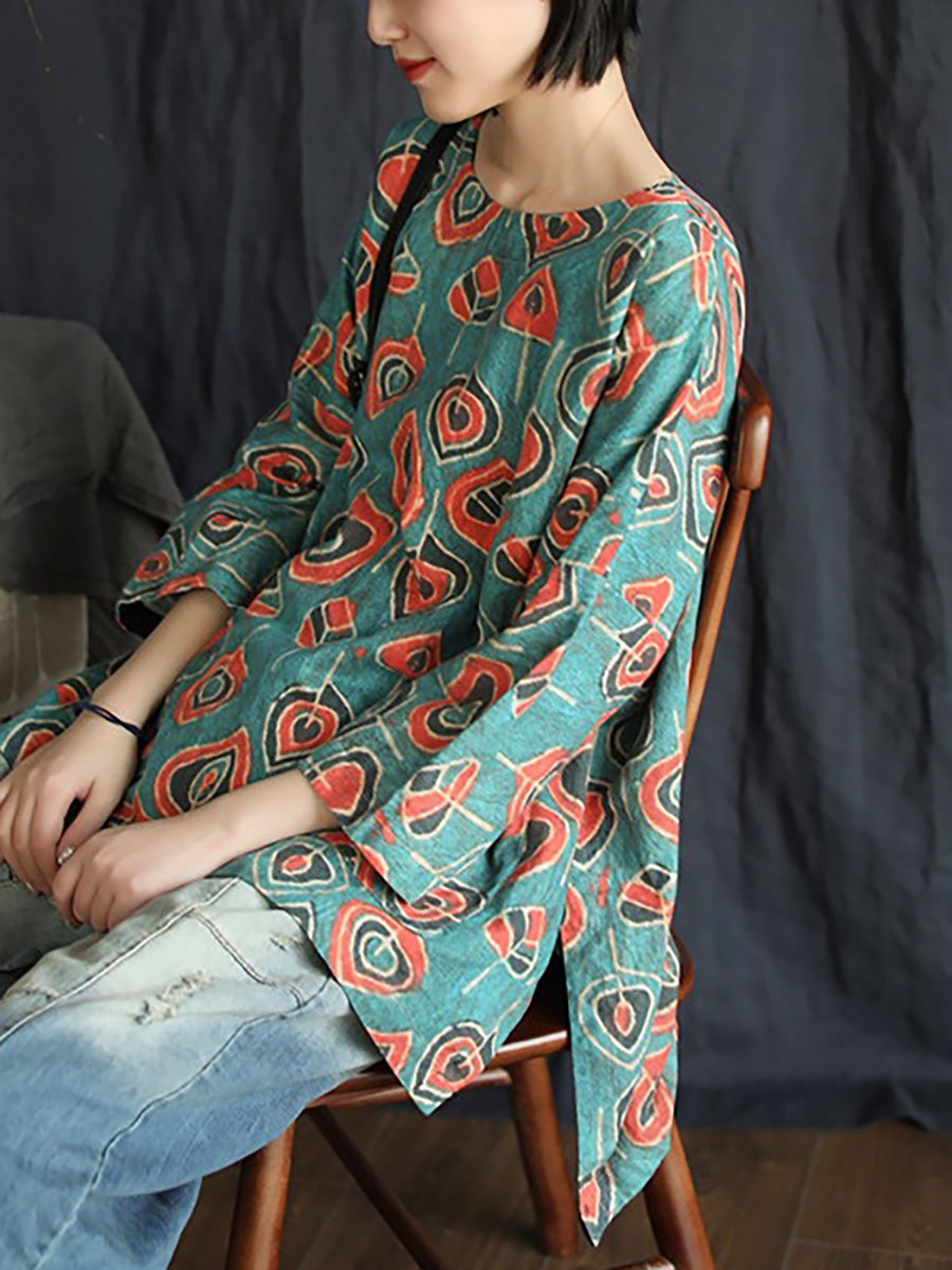 Plus Size Buykud Casual Floral Ramie Tencel T-Shirt