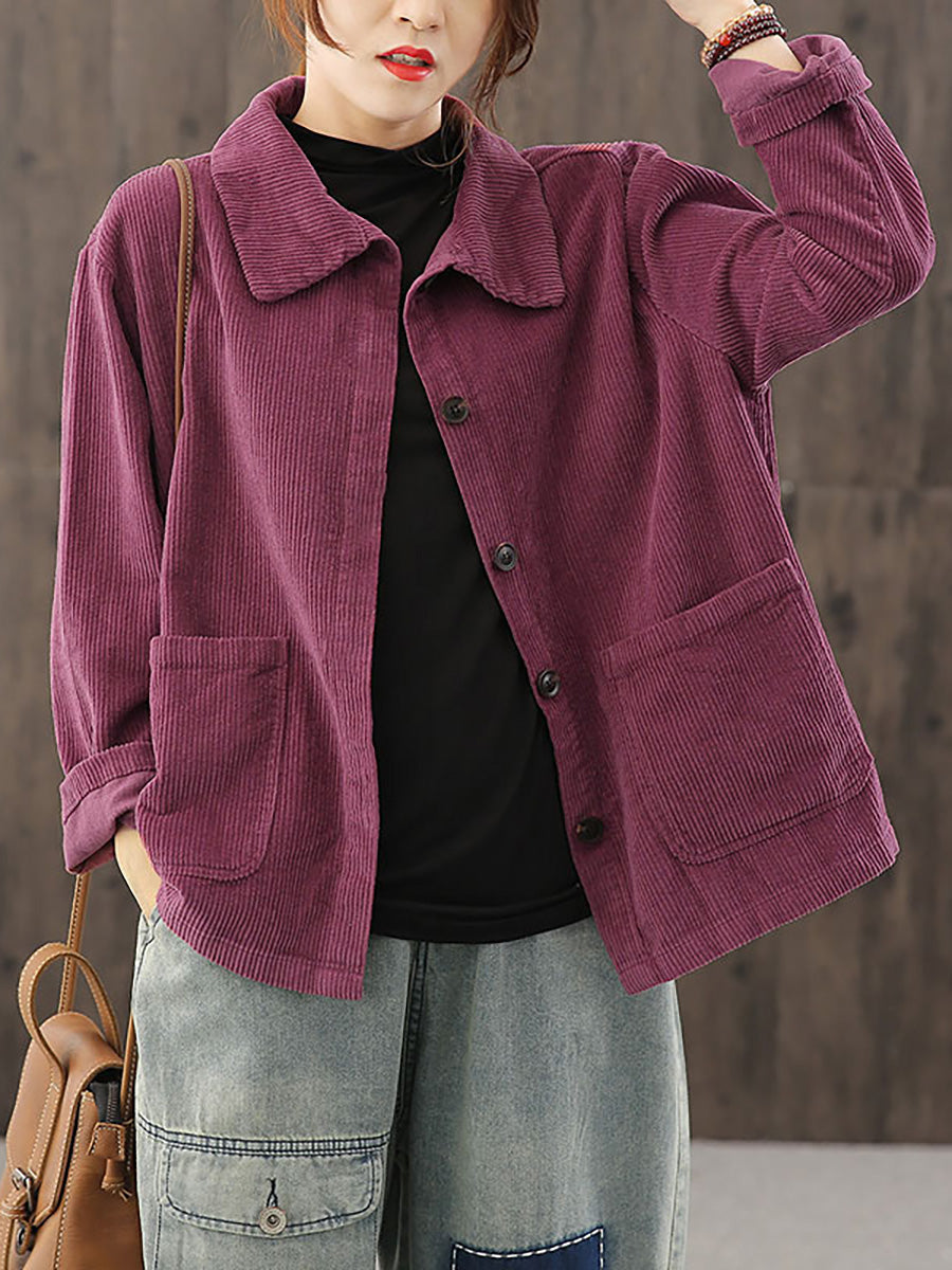 Plus Size Women Solid Color Pocket Corduroy Jacket Coat