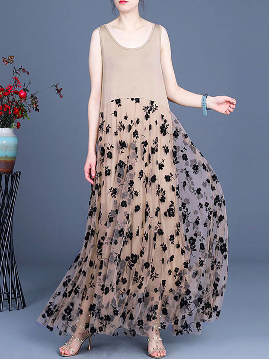 Plus Size - Women Floral Tulle Retro Stitching Maxi Pinafore Dress