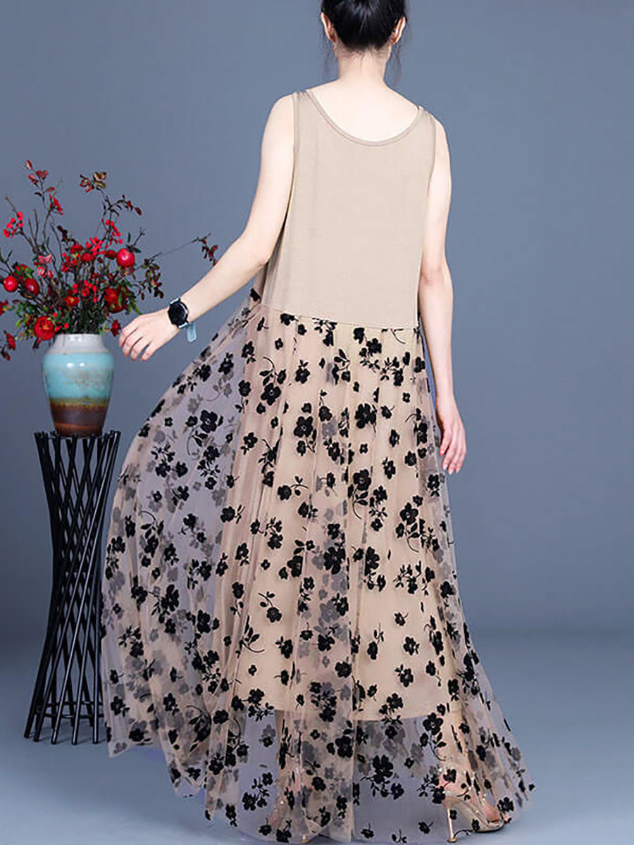 Plus Size - Women Floral Tulle Retro Stitching Maxi Pinafore Dress