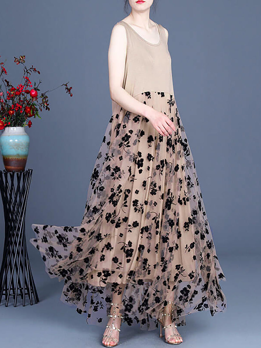 Plus Size - Women Floral Tulle Retro Stitching Maxi Pinafore Dress