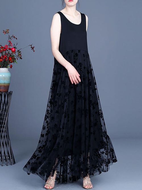 Plus Size - Women Floral Tulle Retro Stitching Maxi Pinafore Dress