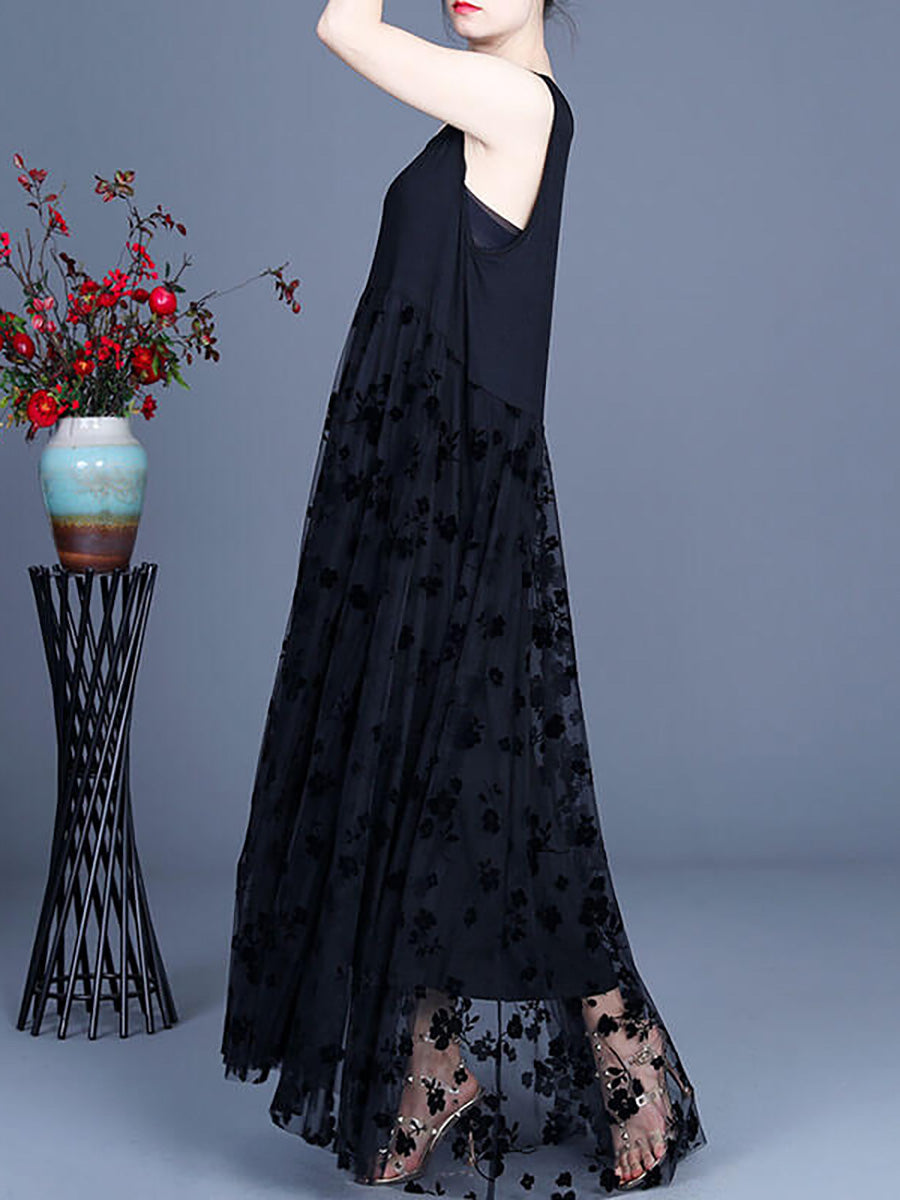 Plus Size - Women Floral Tulle Retro Stitching Maxi Pinafore Dress