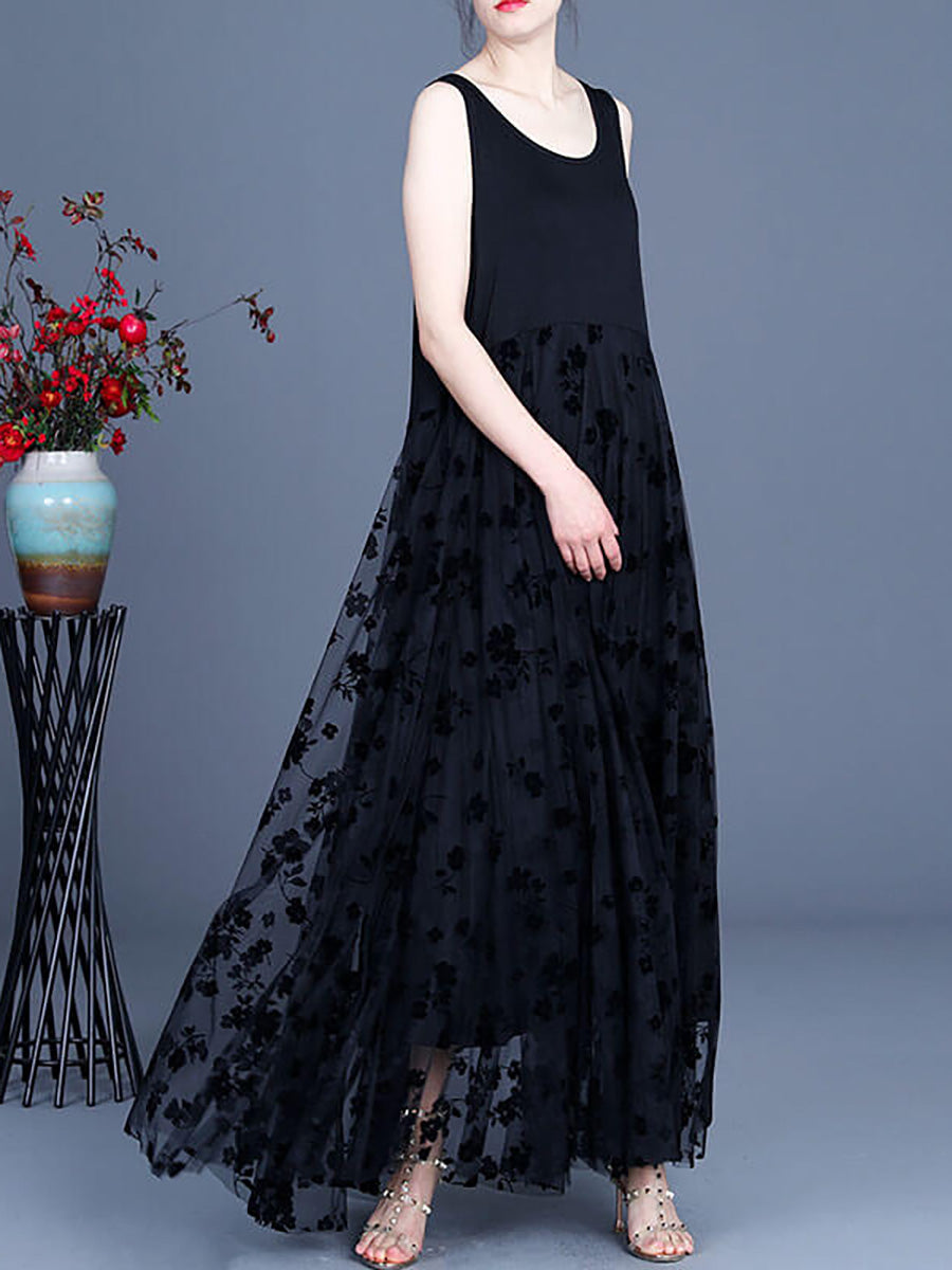 Plus Size - Women Floral Tulle Retro Stitching Maxi Pinafore Dress