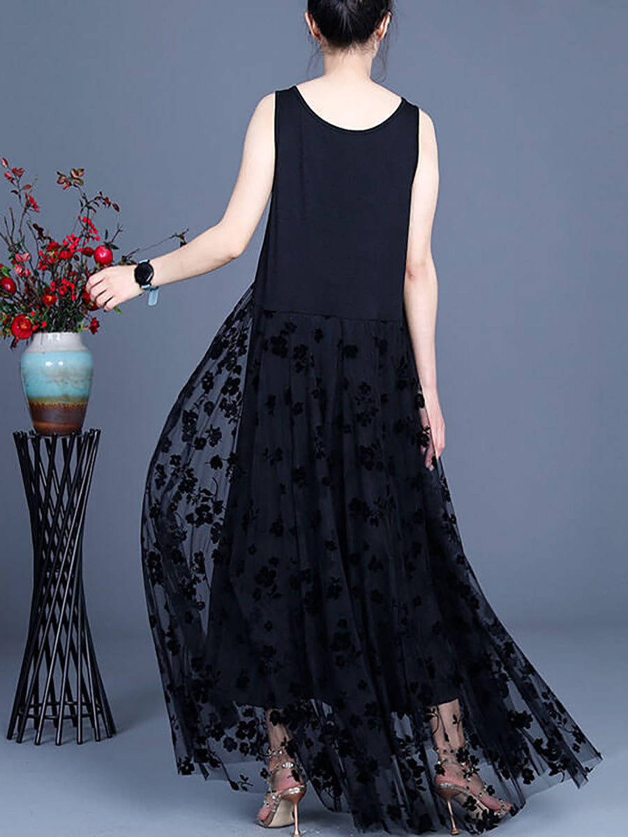 Plus Size - Women Floral Tulle Retro Stitching Maxi Pinafore Dress