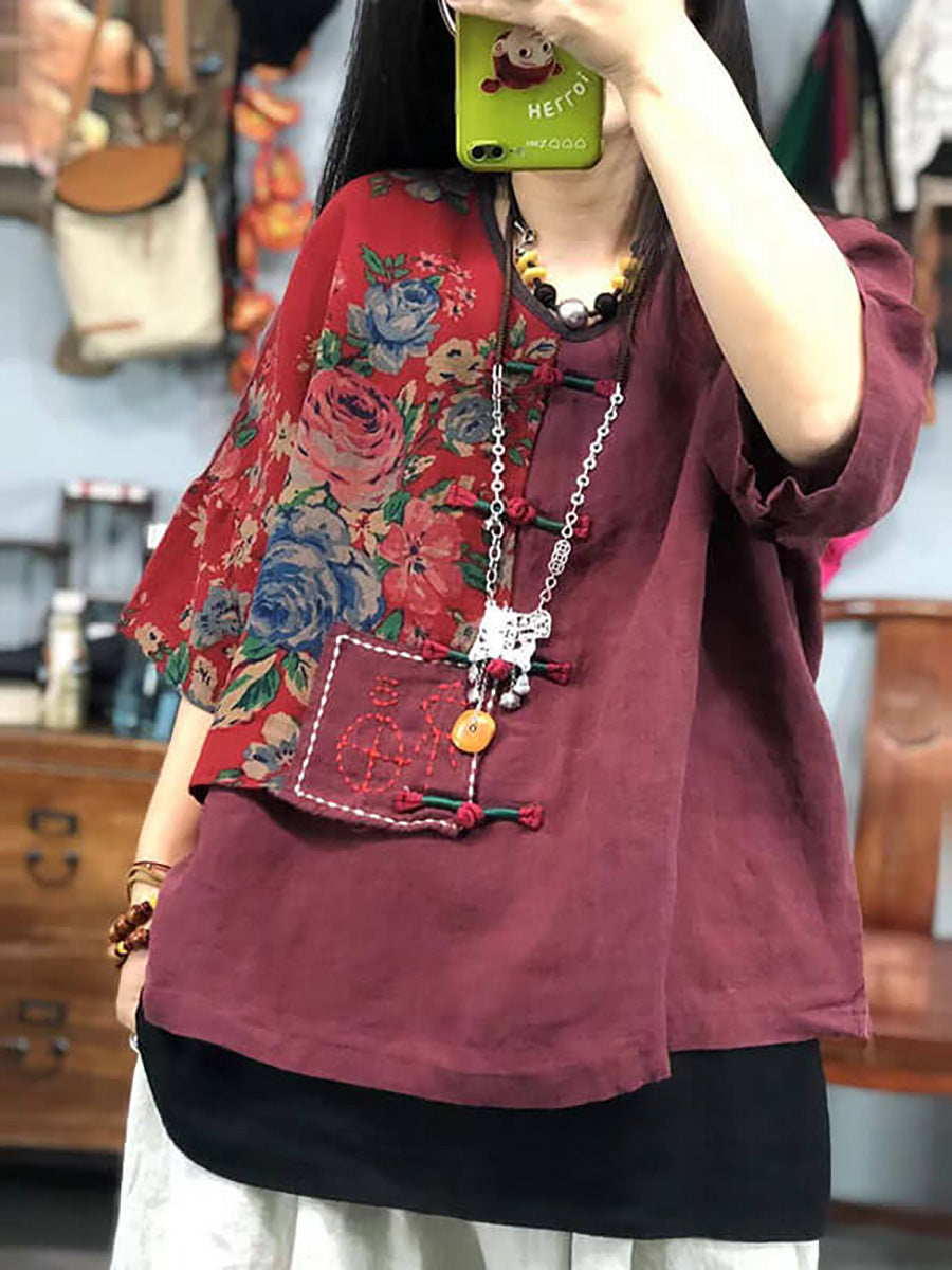 Plus Size Women Embroidered Floral Retro 100%Linen Stitching T-shirt