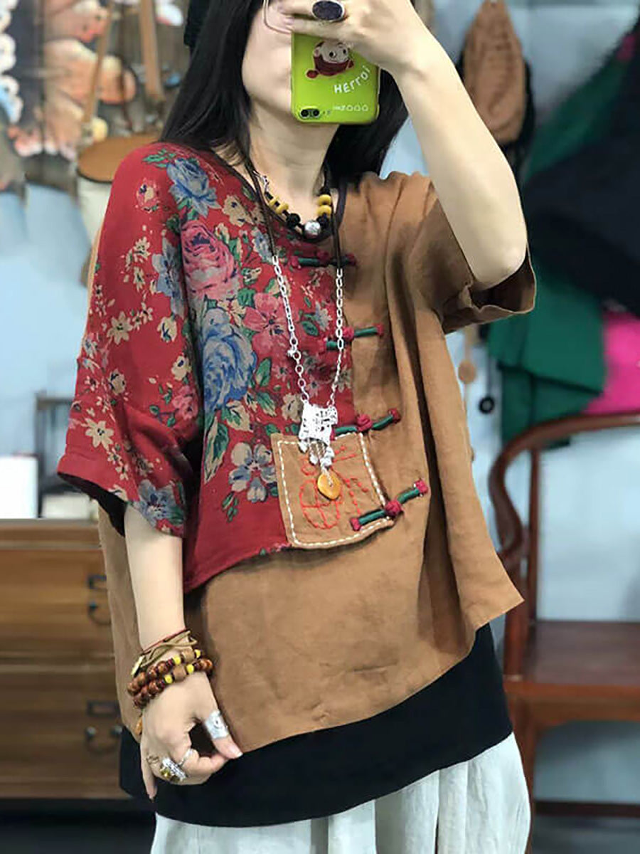 Plus Size Women Embroidered Floral Retro 100%Linen Stitching T-shirt