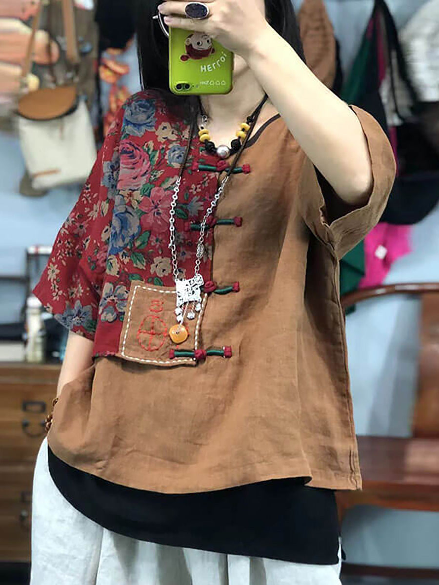 Plus Size Women Embroidered Floral Retro 100%Linen Stitching T-shirt