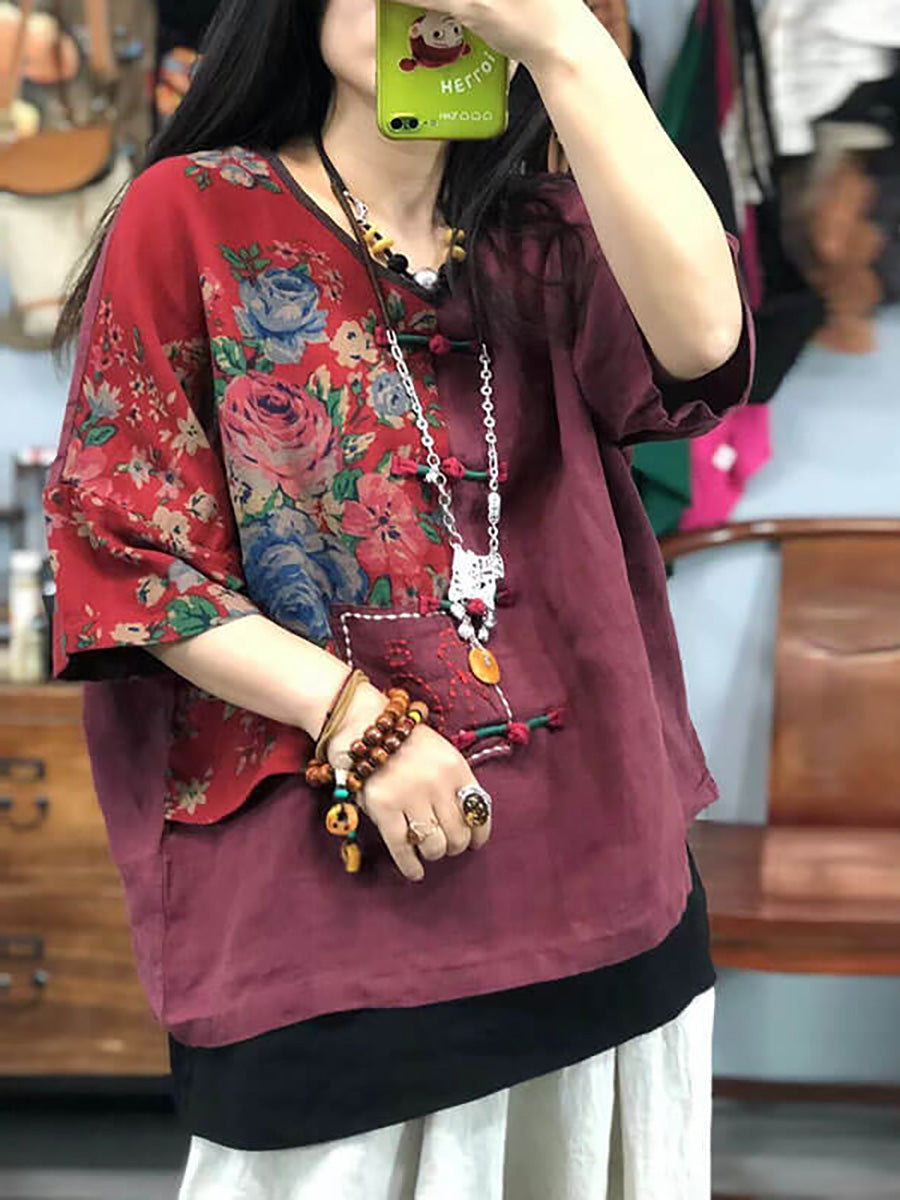 Plus Size Women Embroidered Floral Retro 100%Linen Stitching T-shirt