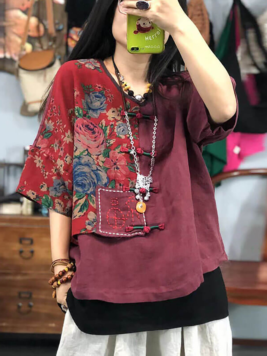 Plus Size Women Embroidered Floral Retro 100%Linen Stitching T-shirt