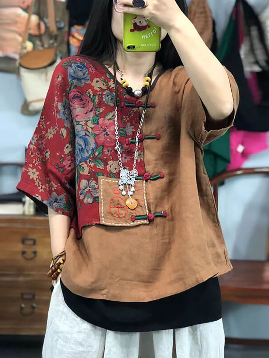 Plus Size Women Embroidered Floral Retro 100%Linen Stitching T-shirt