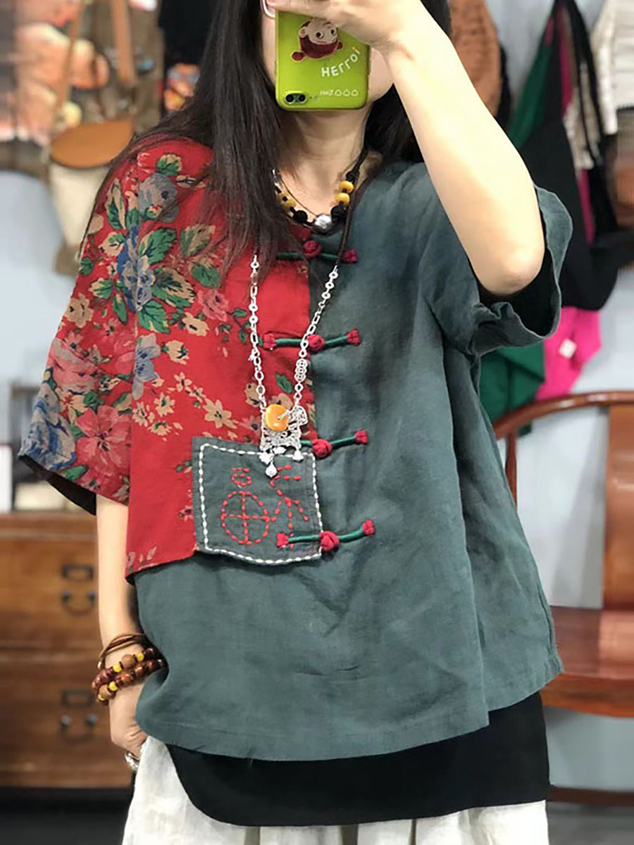 Plus Size Women Embroidered Floral Retro 100%Linen Stitching T-shirt