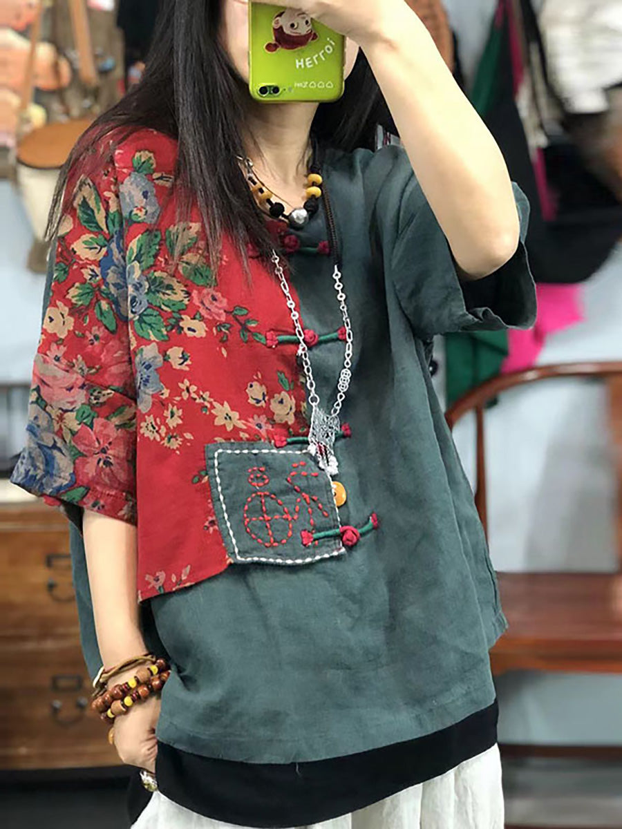 Plus Size Women Embroidered Floral Retro 100%Linen Stitching T-shirt