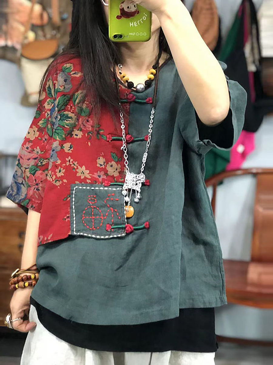 Plus Size Women Embroidered Floral Retro 100%Linen Stitching T-shirt