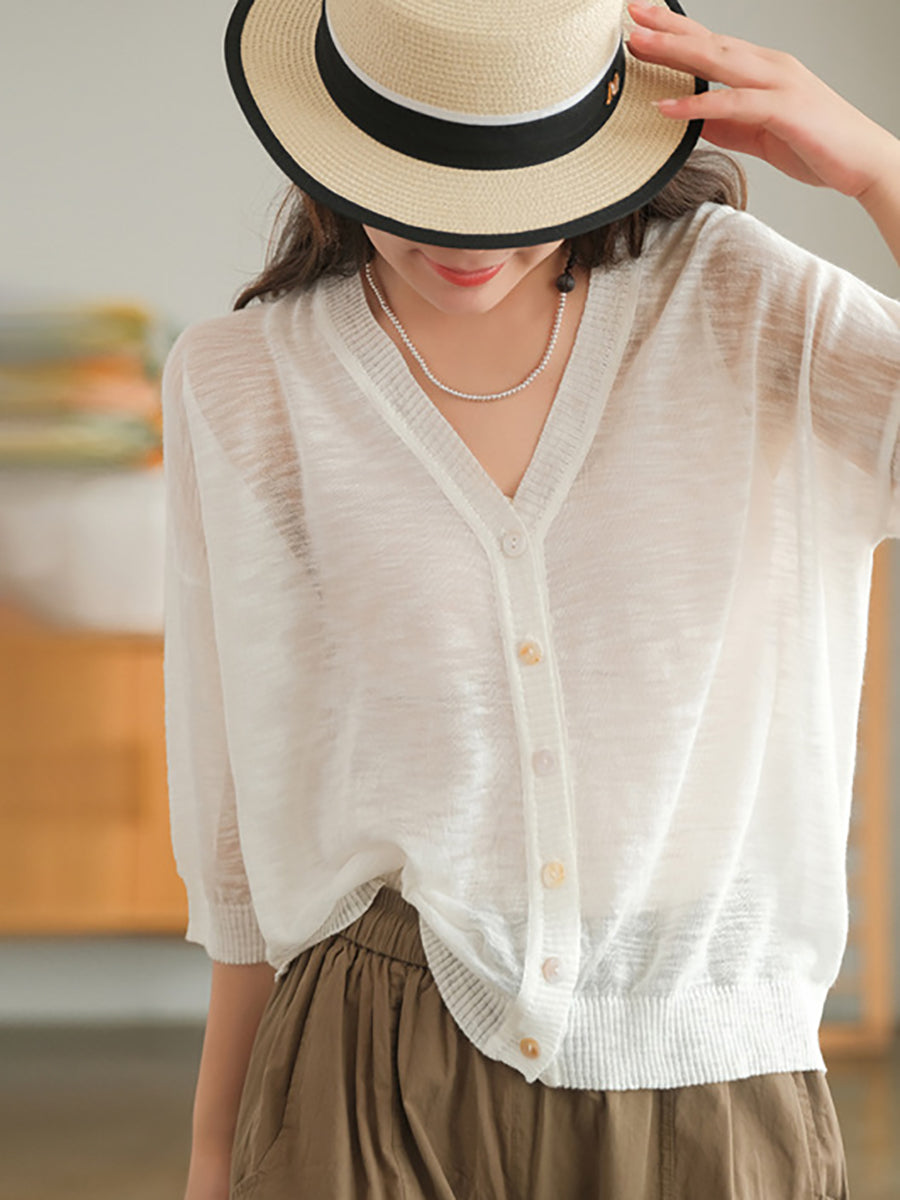 Plus Size Women Summer V-Neck Casual Loose Knit T-Shirt