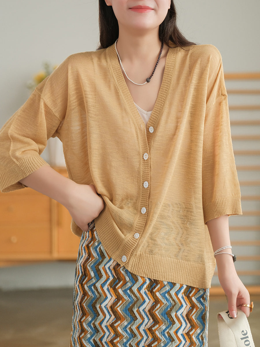 Plus Size Women Summer V-Neck Casual Loose Knit T-Shirt