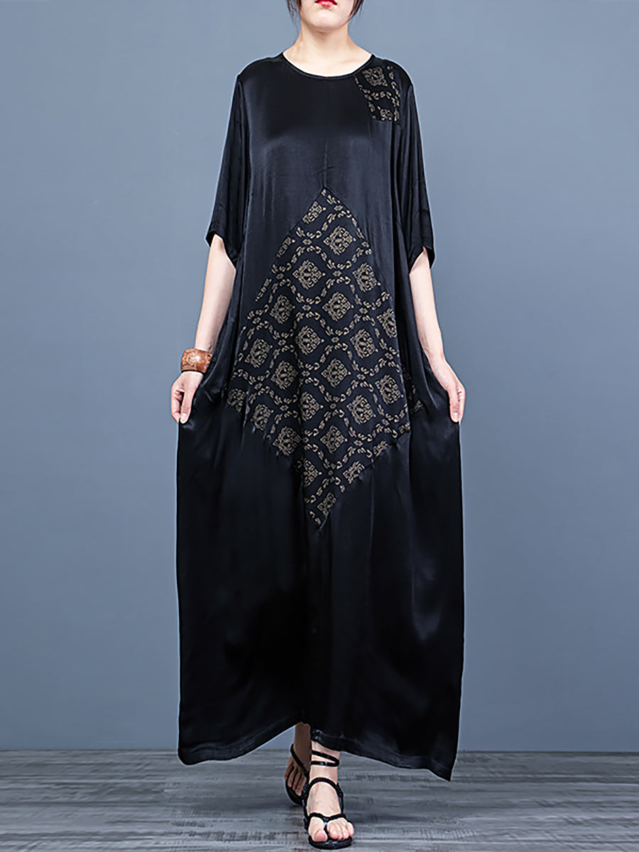 O Neck Print Half Sleeve Vintage Maxi Dress