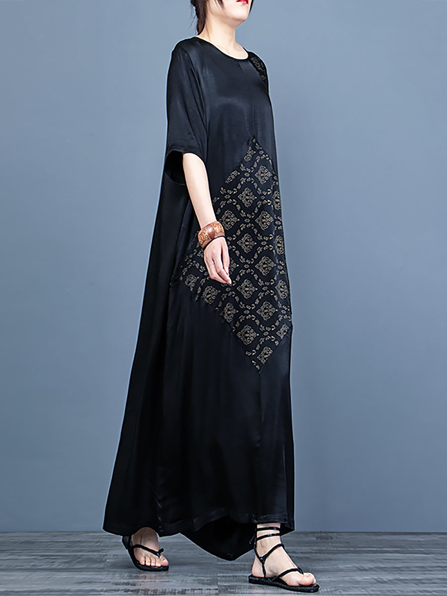O Neck Print Half Sleeve Vintage Maxi Dress