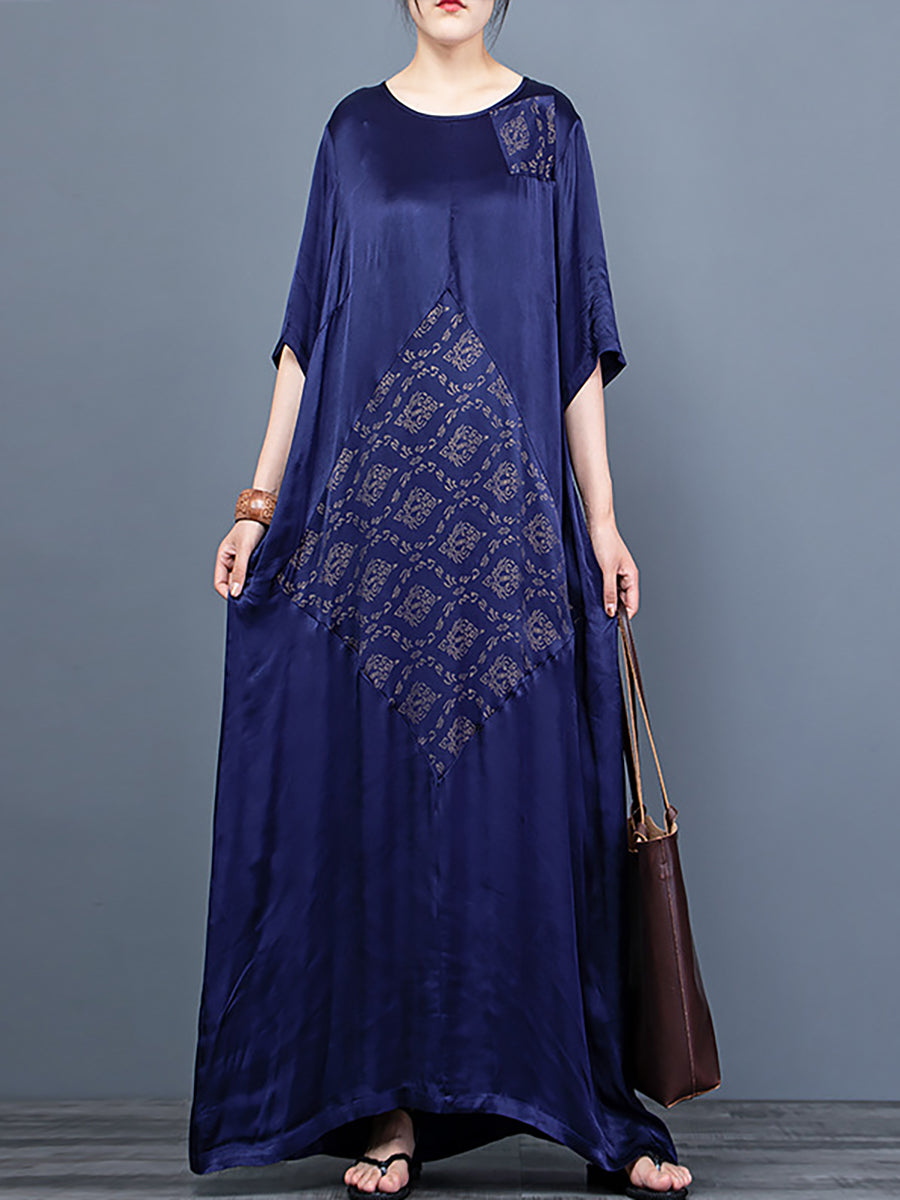 O Neck Print Half Sleeve Vintage Maxi Dress
