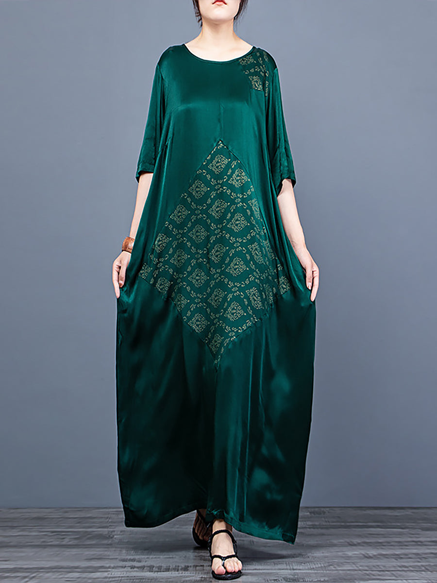 O Neck Print Half Sleeve Vintage Maxi Dress