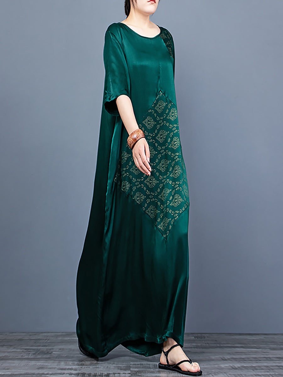O Neck Print Half Sleeve Vintage Maxi Dress