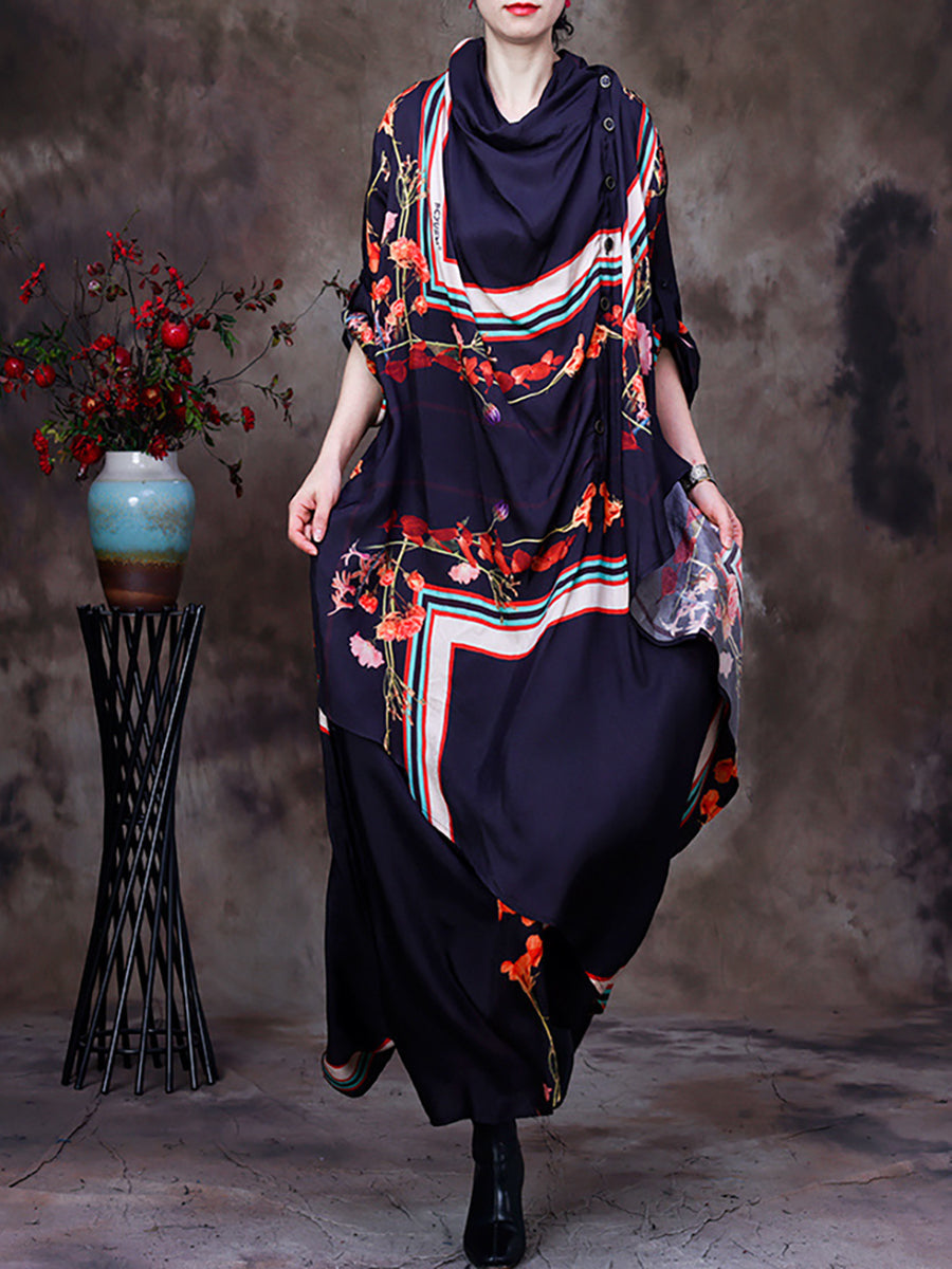 Irregular Floral Vintage Loose Cowl Neck Maxi Dress