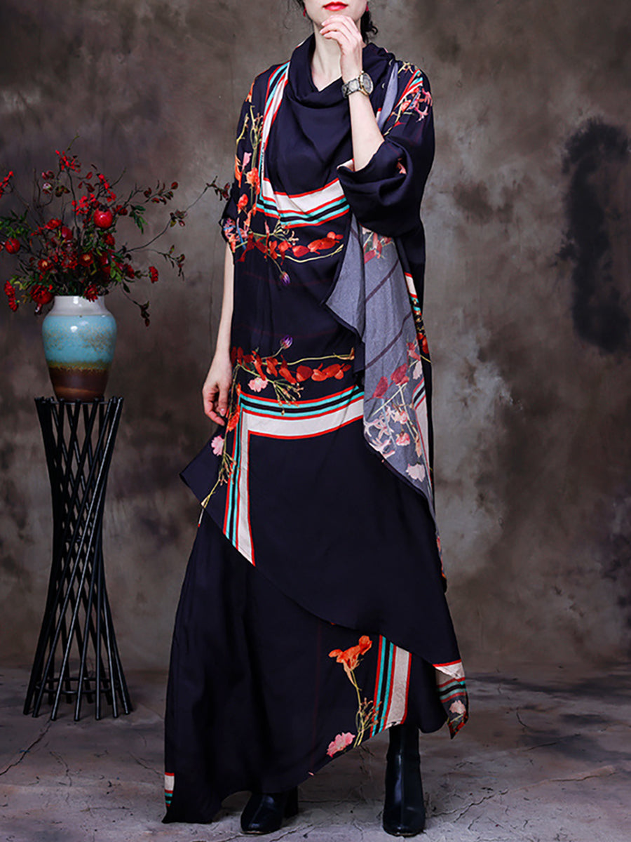 Irregular Floral Vintage Loose Cowl Neck Maxi Dress