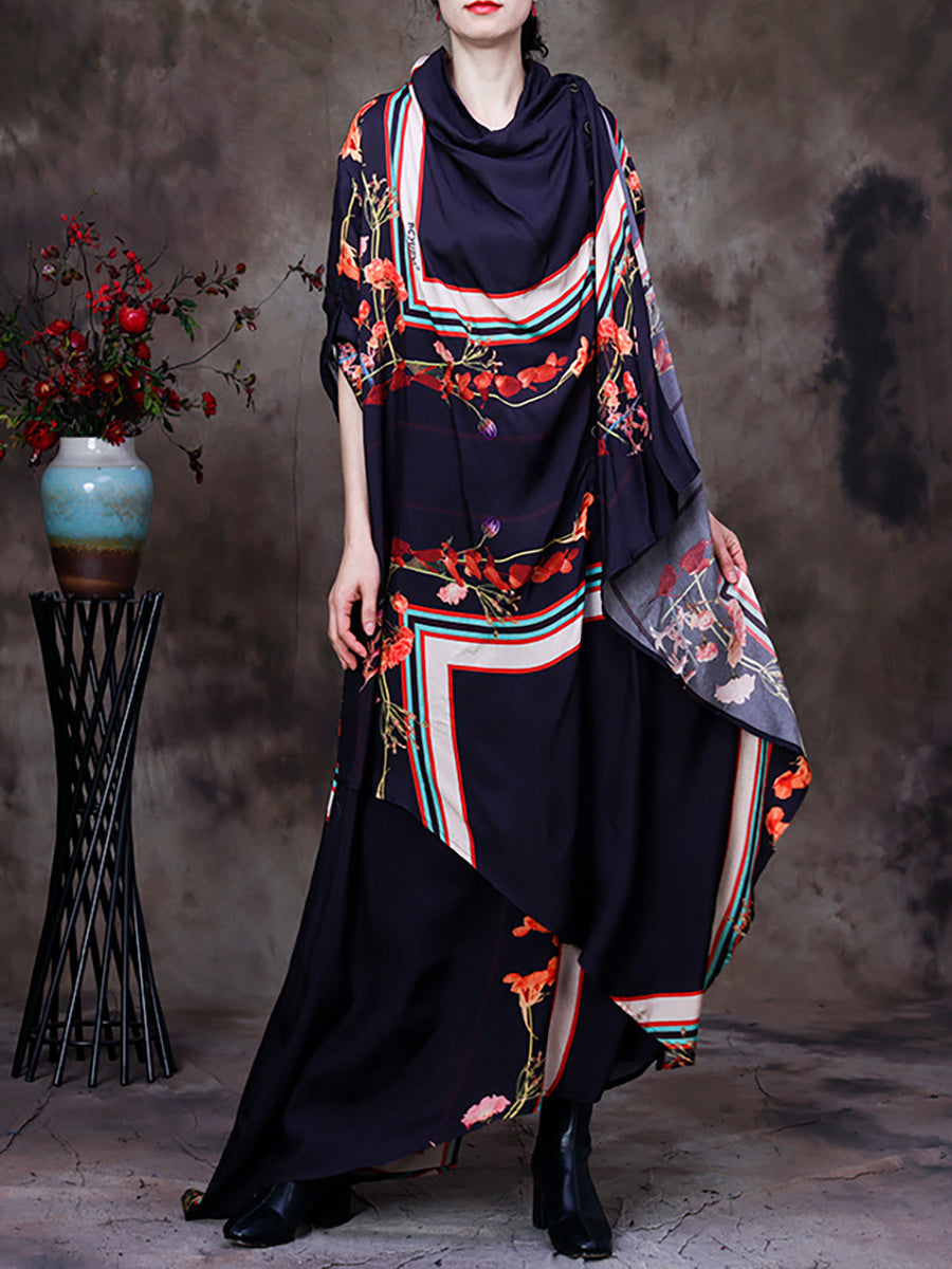 Irregular Floral Vintage Loose Cowl Neck Maxi Dress
