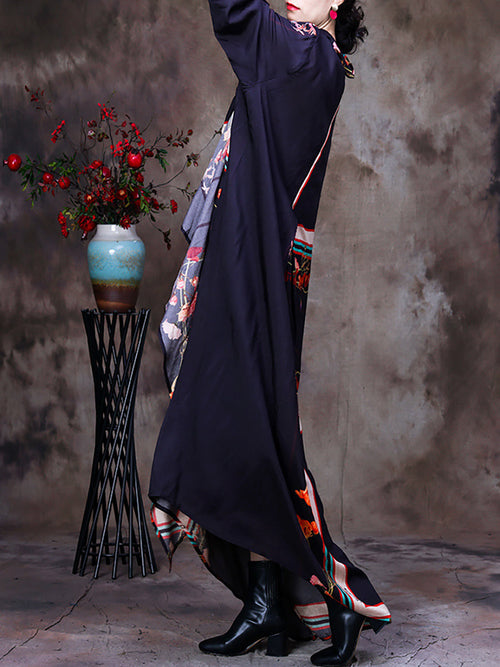 Irregular Floral Vintage Loose Cowl Neck Maxi Dress