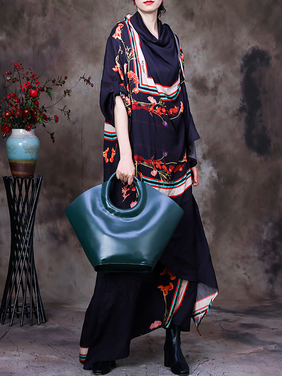 Irregular Floral Vintage Loose Cowl Neck Maxi Dress