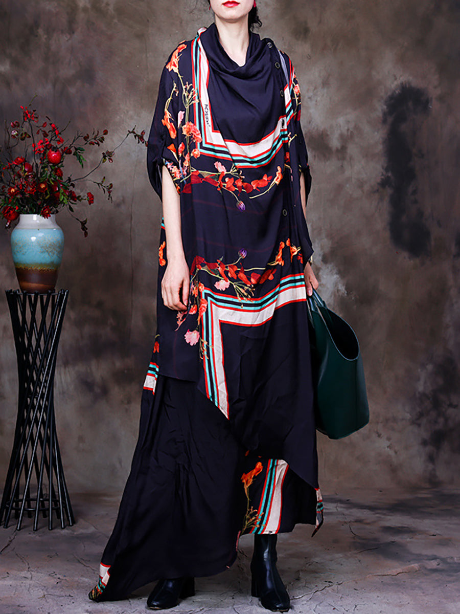Irregular Floral Vintage Loose Cowl Neck Maxi Dress